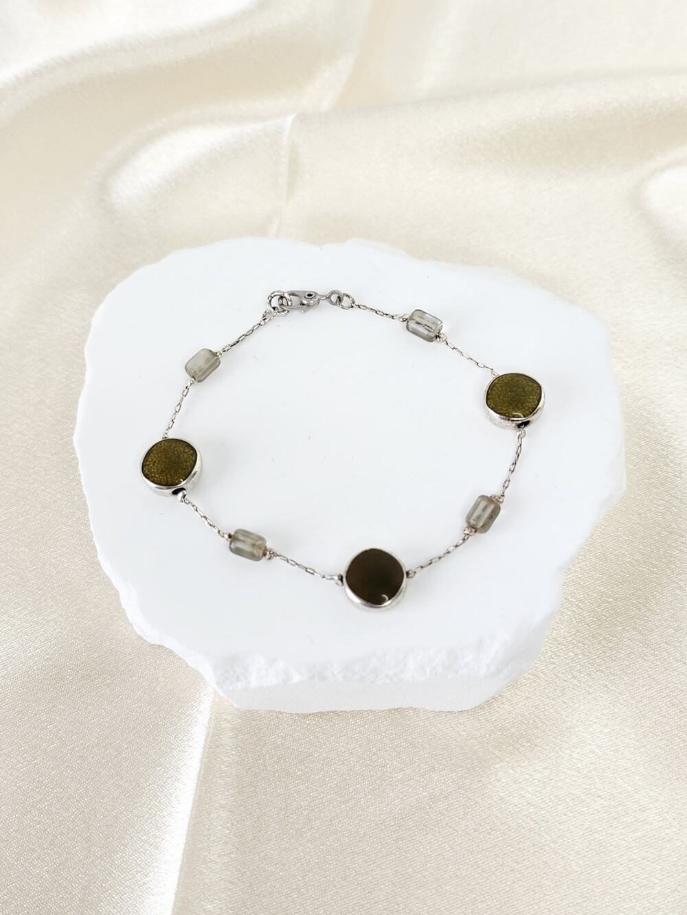 Vintage Signed Monet Olive Enamel Silver Tone Bar Link Bracelet 7"